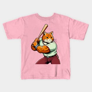 Vintage cat batsman - Retro 1990s Cartoon Style Baseball cat Kids T-Shirt